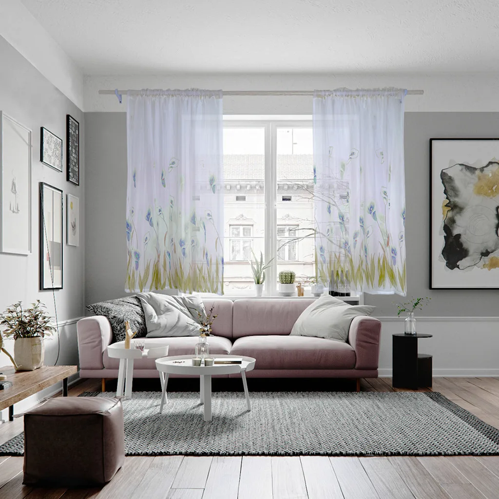 200x150cm Curtains For Living Room Daffodil Flower Print Tulle Curtain Handle Tulle Coveted 1 FabricWindow Decoration 67