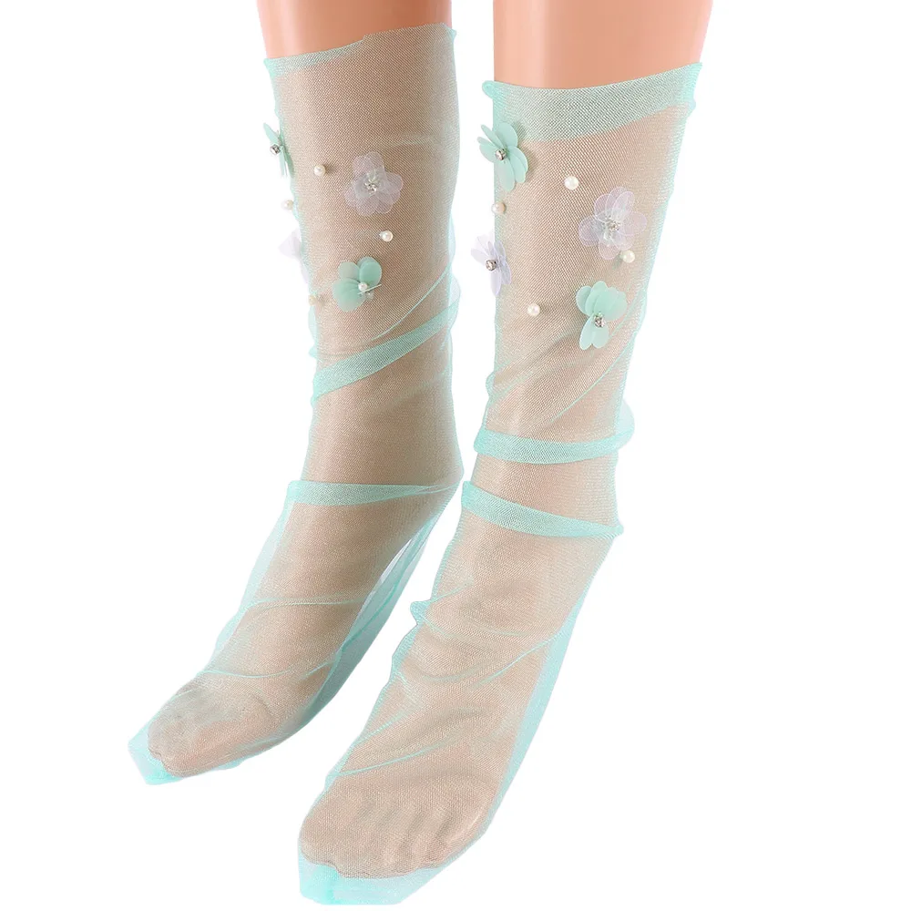 Women's Handmade Candy Colors Sequins Flowers Thin Socks Girl's Transparent Mesh Floral Pearl Gauze Hosiery |