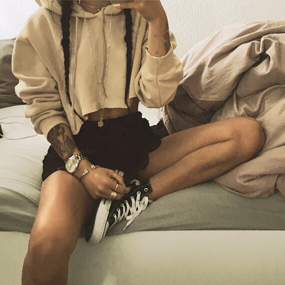 Короткие пупок Толстовка Урожай Повседневный пуловер Топы эластичные твердые