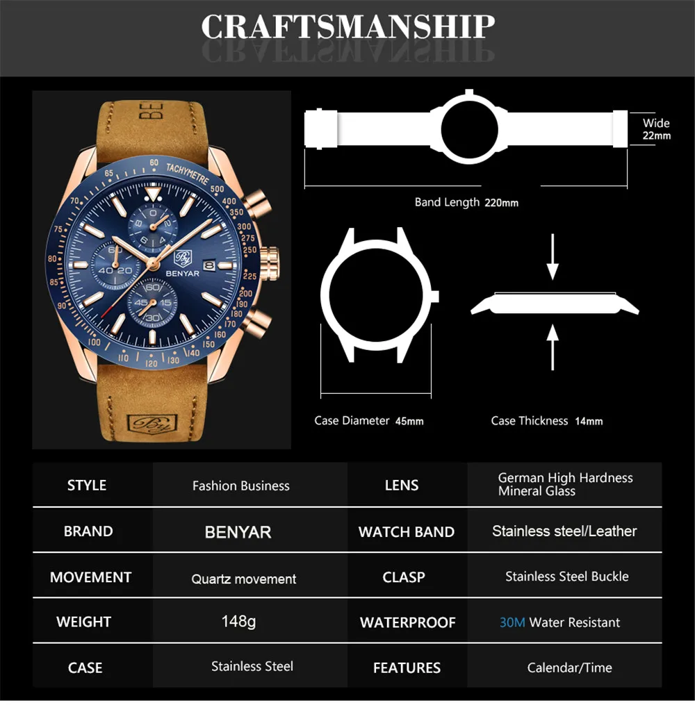 Men Watches BENYAR Brand Luxury Silicone Strap Waterproof Sport Quartz Chronograph Military Watch Men Clock relogio masculino