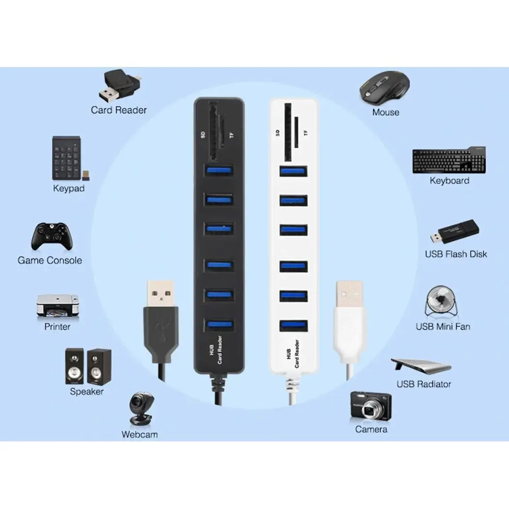 Комбинированный usb концентратор с 8 портами USB 2 0 SD/TF кард ридером. Скорость TF/SD 6