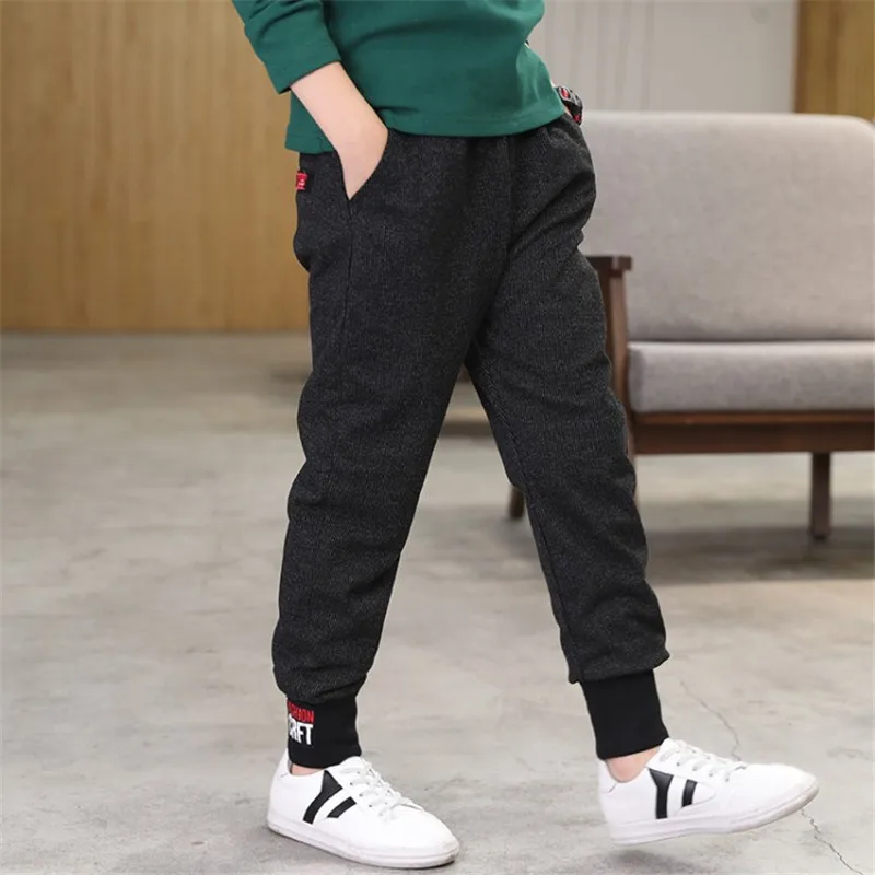 

Boys 6-14 Years Winter Autumn Full Length Ribbed Leg Openings Mid-Waist Pant Fashion Straight Warm Fleece Harem Sports Trousers
