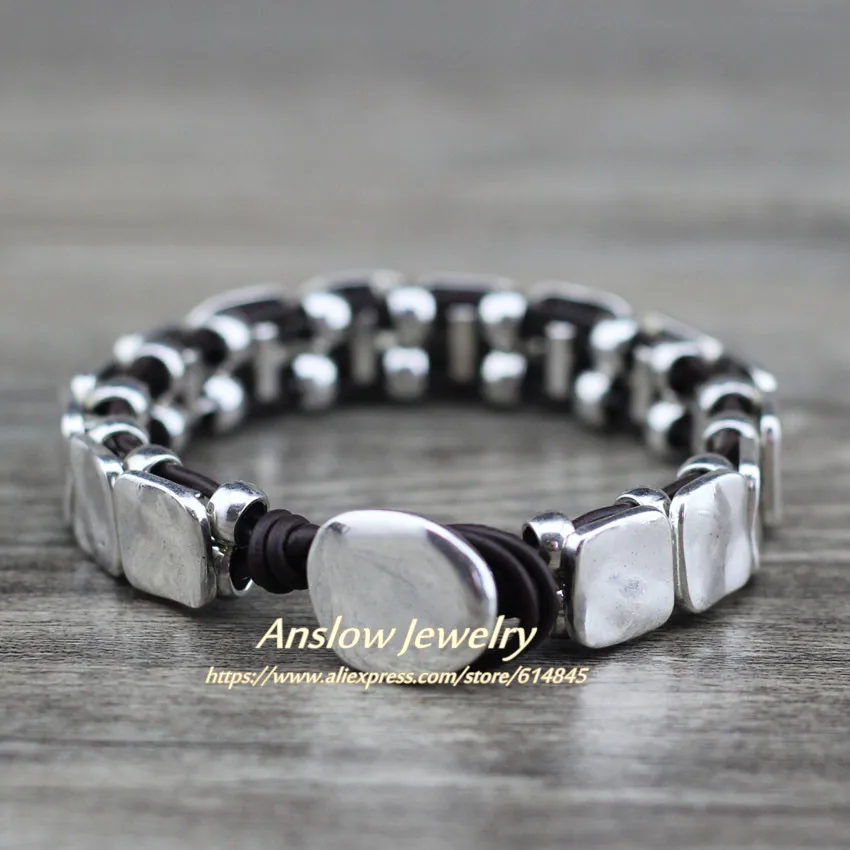 Anslow New Punk Rock Bijoux Fashion Jewelry Vintage Antique Silver Plated Leather Bracelet For Women Men Unisex Gift LOW0709LB