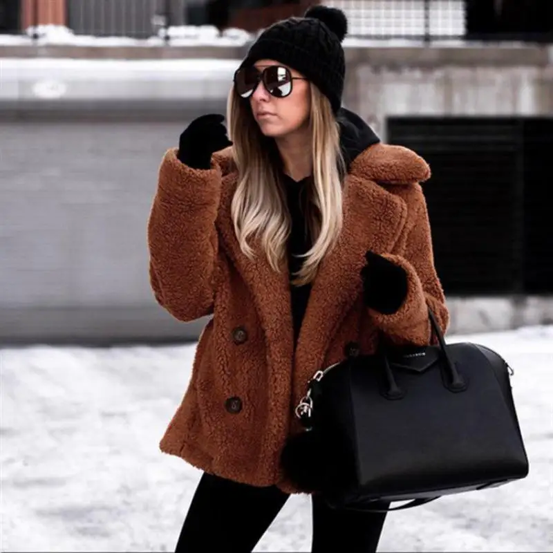 

Zuolunouba 2019 Autumn Winter S-3xl Ladies Casual Faux Fur Lapel Pocket Furry Teddy Jacket Button Long Sleeve Warm Coat Women