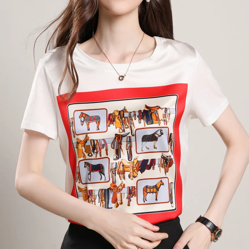 Luxury Women's Girl Plant Pattern Real Silk T-shirt Double Georgette Short Sleeve Thin Tshirt High-end Fabric Summer Tees |