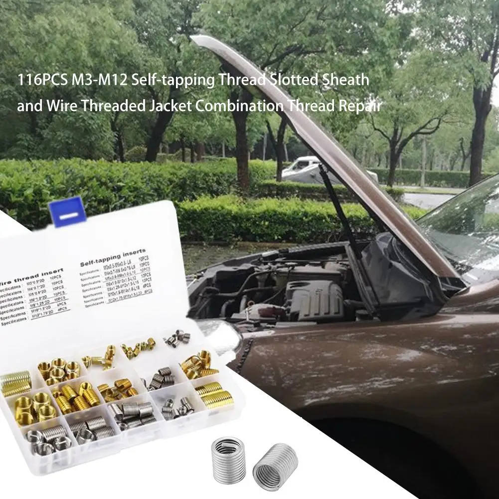 

116PCS M3-M12 Self-tapping Thread Slotted Sheath Stainless Steel Threaded Sheath Repair Insert Kit Wire Braces Bushing Screws