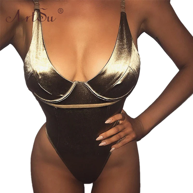

ArtSu Sexy Bodysuit Women Fashion Backless Slim Fit Short Night Club Party Jumpsuit Rompers Summer Gold Satin Bodysuits Femme