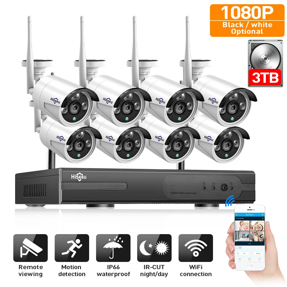 2MP CCTV система 1080P 8ch HD Беспроводной NVR комплект 3 ТБ HDD наружная ИК Ночная IP Wifi камера система безопасности видео наблюдение Hiseeu