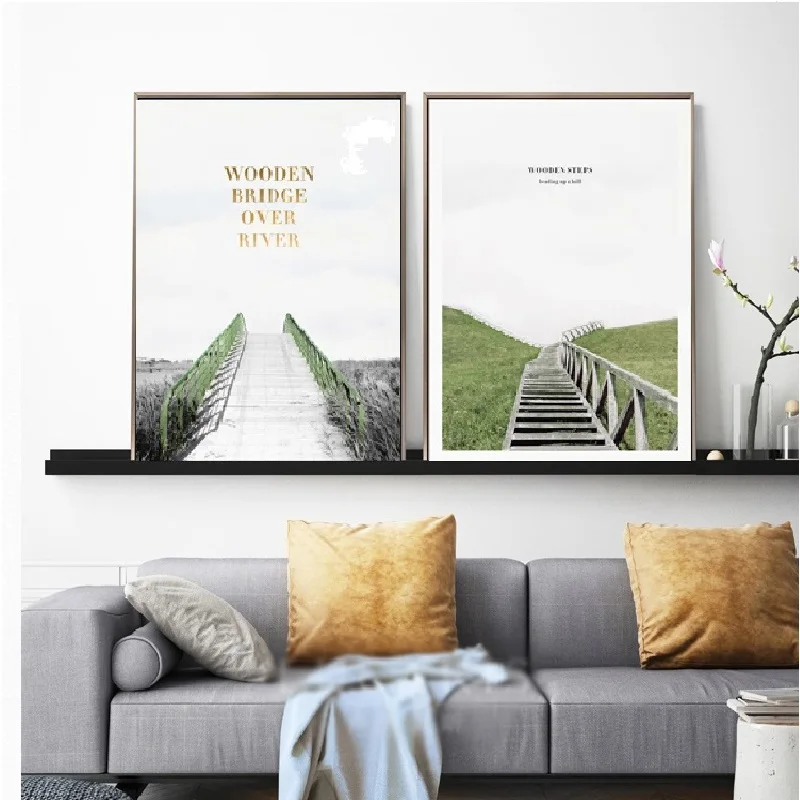 Modern Nordic Peaceful Landscape Light Green Grassland Golden Letters Artistic Canvas Posters Picture for Bedrome Decoration | Дом и сад