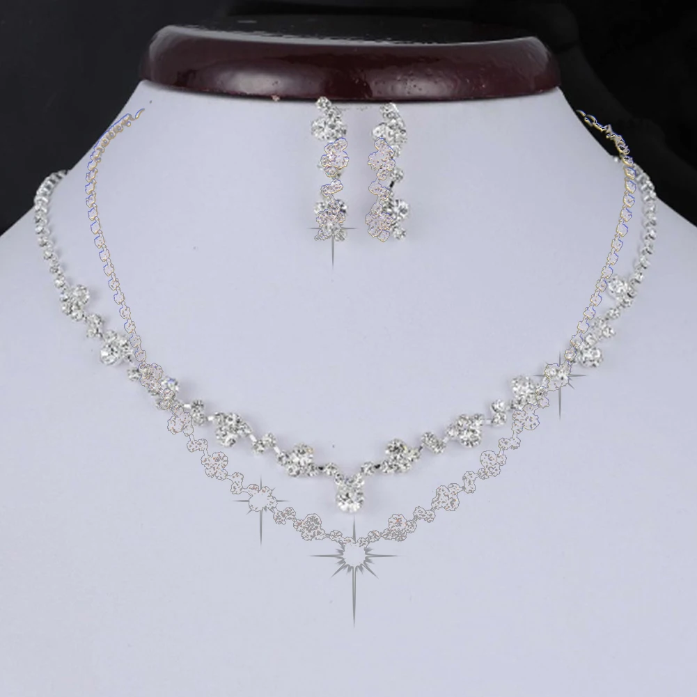 1 Set Fashion Shining Rhinestone Necklace Elegant Ear Studs Fancy Bride Jewelry Accessories For Women Silver | Украшения и