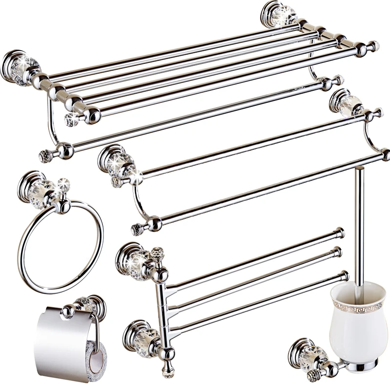 

Antique Bathroom Accessories Crystal Solid Brass Bath Hardware Sets Chrome Silver Toilet Brush Holder Electroplate Towel Rack