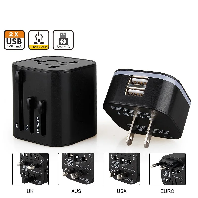 Универсальный переходник с международной вилкой 2 USB-порта зарядное устройство