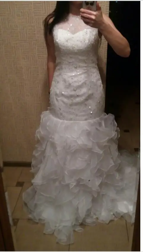 2016 милые русалка белое кружево бисерные Пышные свадебные платья без бретелек