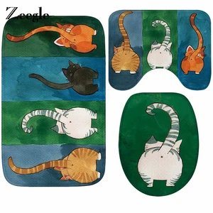 cat printed bath mat set anti slip bathroom rug flannel toilet pedestal rug absorbent bathroom doormat toilet seat cover mat free global shipping