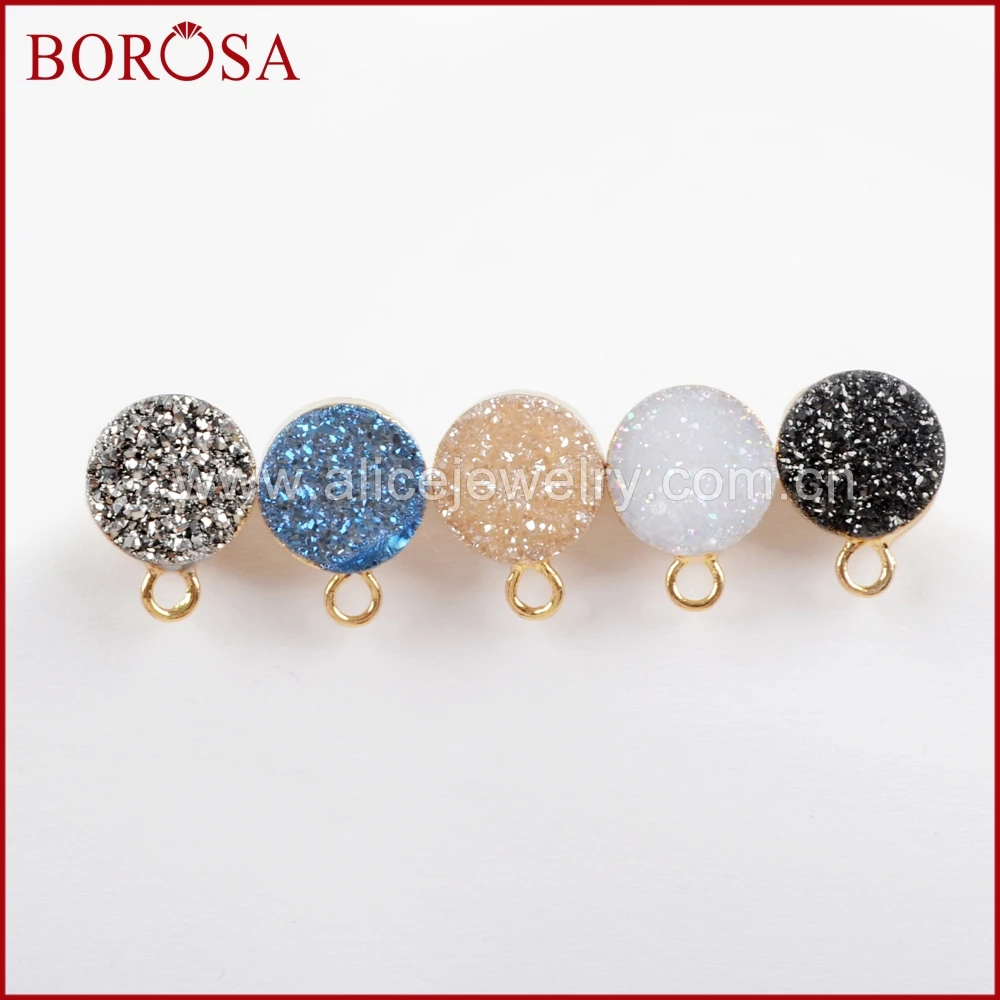 Серьги-пусеты BOROSA, круглые серьги-пусеты золотого цвета 10 мм из титана и радуги, 5 пар, Серьги-пусеты для ювелирных изделий Drusy G1537