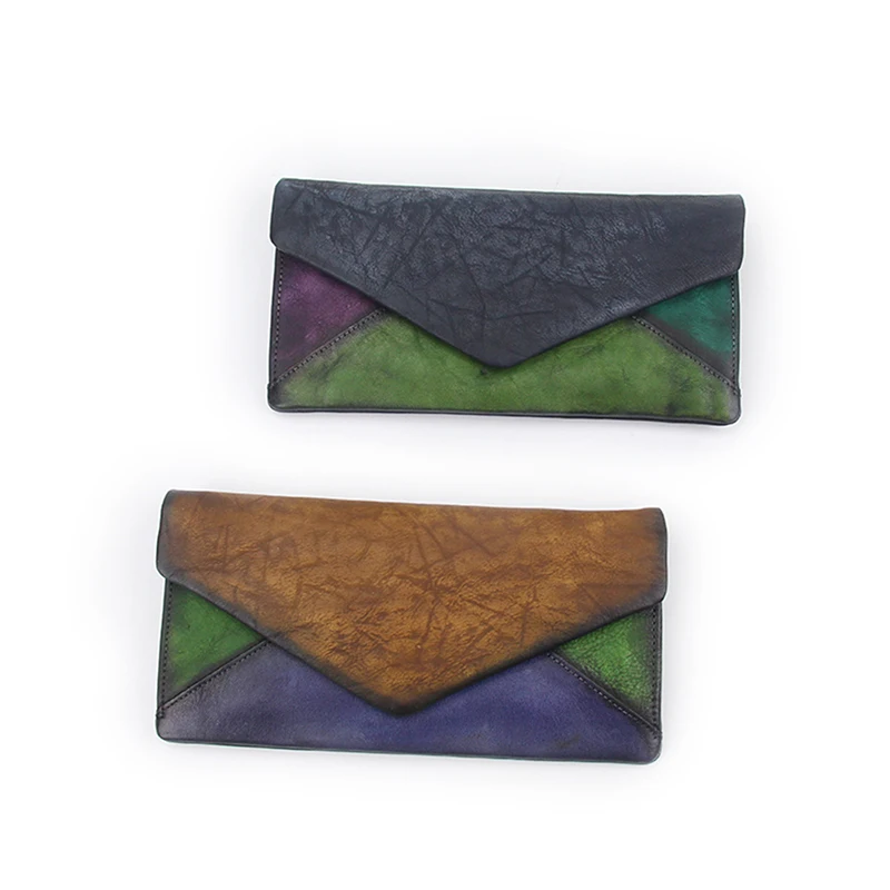 

Panelled Wallets Cell Phone Pocket Handmade Natural Leather Long Wallet 2019 Mix Colors Lady Purse Retro Leather Envelope Wallet