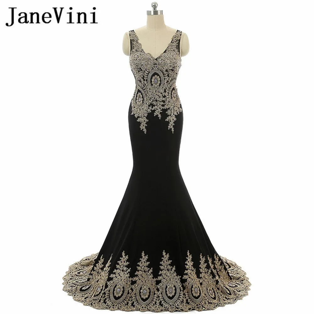 JaneVini черные длинные Сатиновые платья подружки невесты золотые кружевные