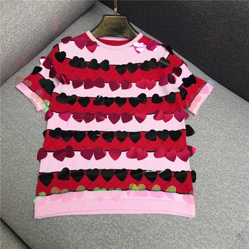 

Женский трикотажный топ с круглым вырезом, дизайнерский Розовый пуловер в полоску с коротким рукавом и блестками