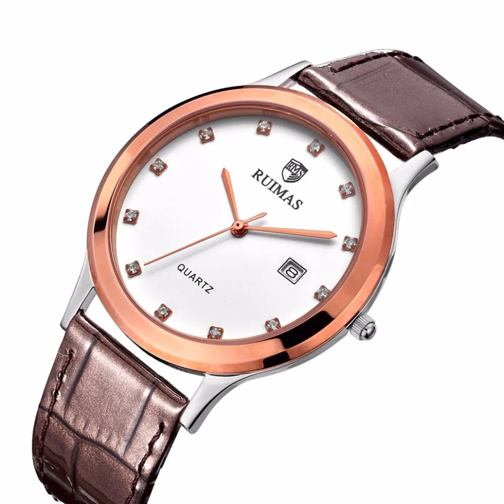 2018 RUIMAS Топ Элитный бренд Классические кварцевые Для мужчин часы кожаный ремешок