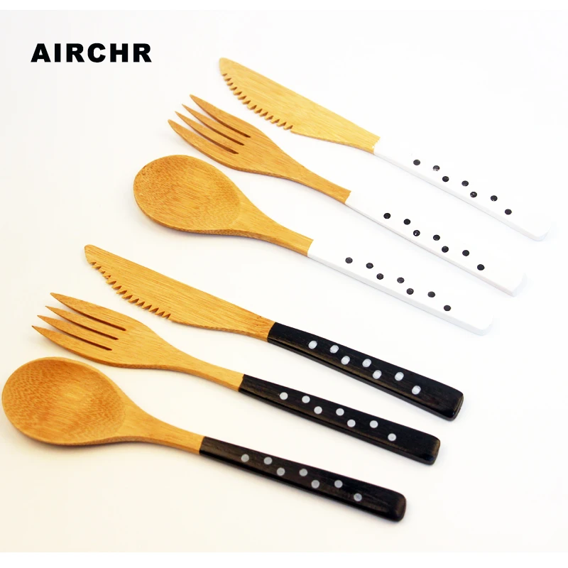 Набор бамбуковой посуды Airchr креативная кухонная утварь черный и белый горошек