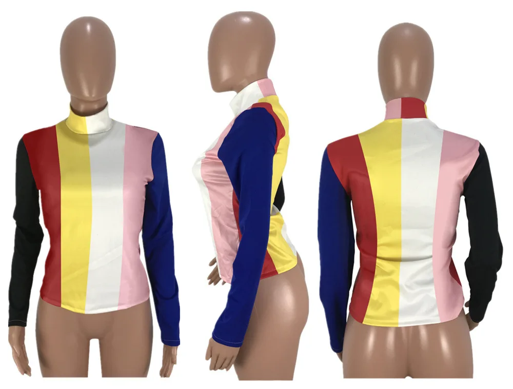 

2018 New Women T Shirts Long Sleeve Color Striped Tops Sexy Tee Shirt Blusas