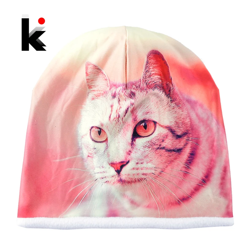 Winter Beanie Ladies Warm Thick Bonnet Caps Women Cute Cat 3D Printing Hats Girls Fashion Streetwear Skullies Beanies Men Gorro |
