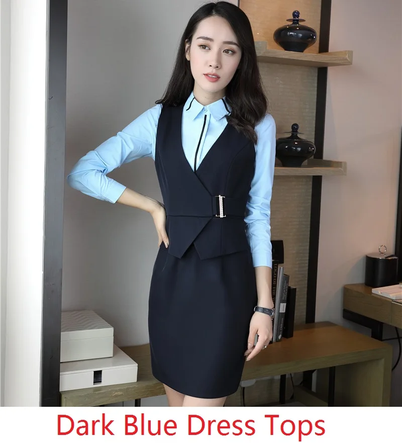Blue Dress Новая Профессиональная форма блейзеры с блузкой и платьем для женщин офисная Рабочая одежда салонные наряды красоты плюс размер красный - Цвет: Blue Dress
