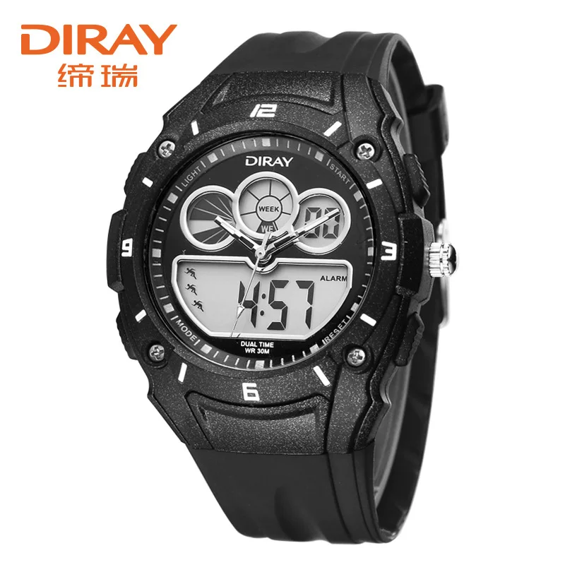 Мужские водонепроницаемые электронные часы с двойным дисплеем и силиконовым