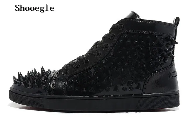 SHOOEGLE/черные/белые кожаные мужские туфли с заклепками Высокие модные кроссовки на