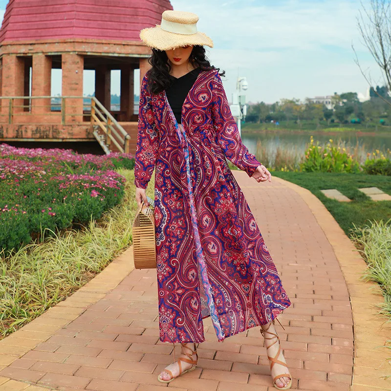 Шифоновое кимоно с v-образным вырезом Летнее Длинное свободное шифоновые