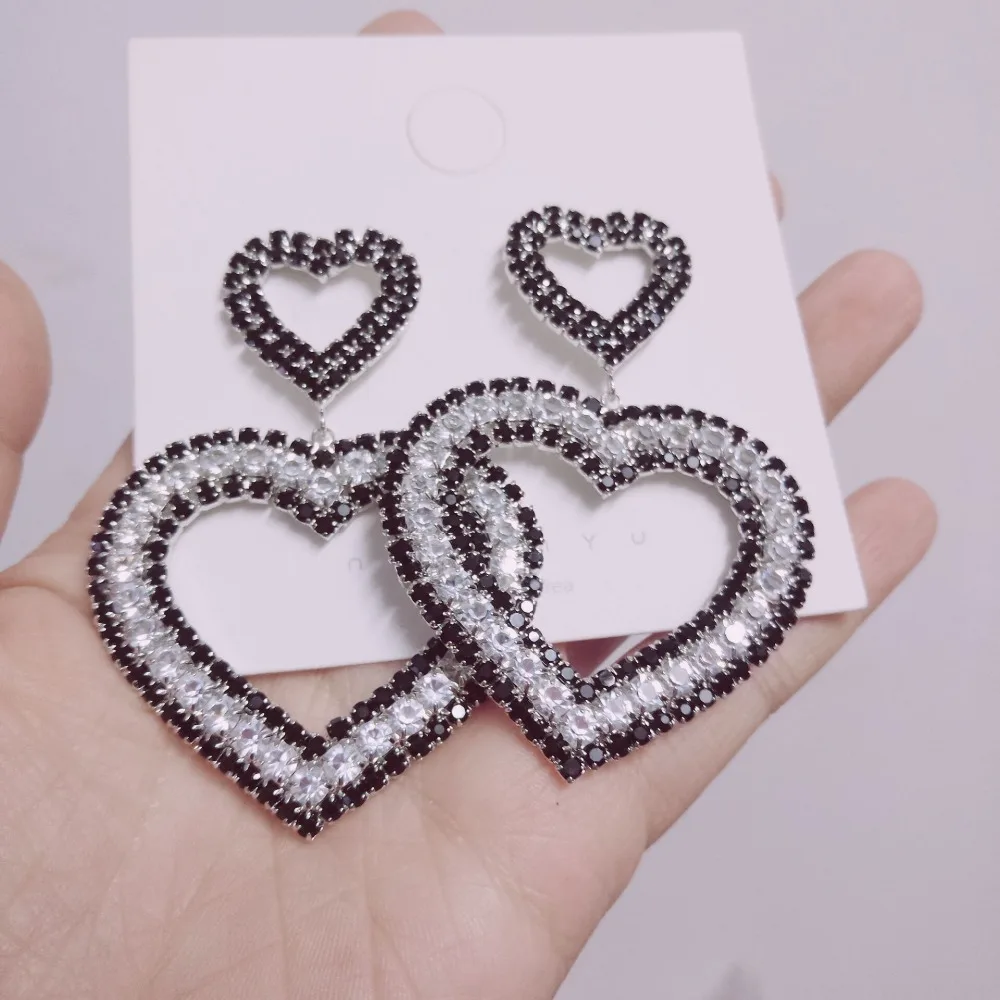 

Rongho brand Double Big Crystal Heart stud earrings for women Hiphop earring pendant Bridal Brincos Femme wedding jewelry