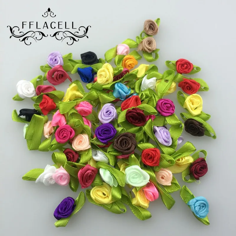 Атласная лента 100 шт./лот цветок розы с листьями аксессуары для волос аппликации
