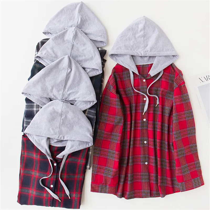 Womens Tops and Blouses Autumn Winter Vintage Plaid Long sleeve Shirt women Harajuku Hooded Shirts Plus size Female Blouse GP832 |