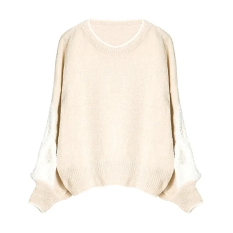 

100%hand made pure mink cashmere thick knit women fashion Oneck pullover sweater lantern sleeve solid color one&over size