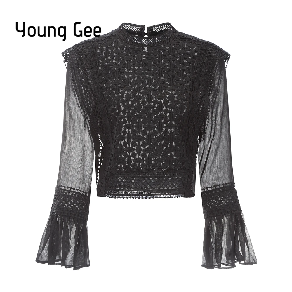 Женская элегантная кружевная блузка Young Gee белая/черная/красная ажурная рубашка с