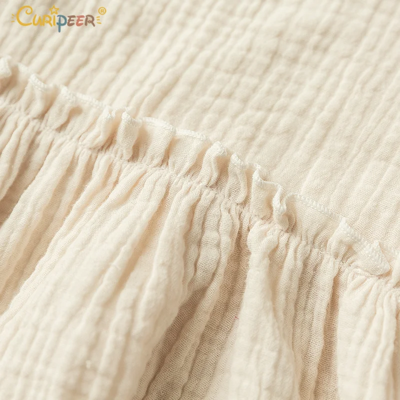 Curipeer 2019 Spring Kids Girl Dresses Linen Loose Beige Princess Dress Long Lantern Sleeve Korean Country Style Ruffles | Детская