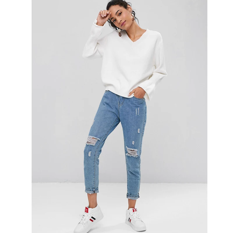 SexeMara 2018 Women White Sexy Deep V Neck Autumn Fall Winter Elastic Slim Sweater Warm Casual Pullovers | Женская одежда