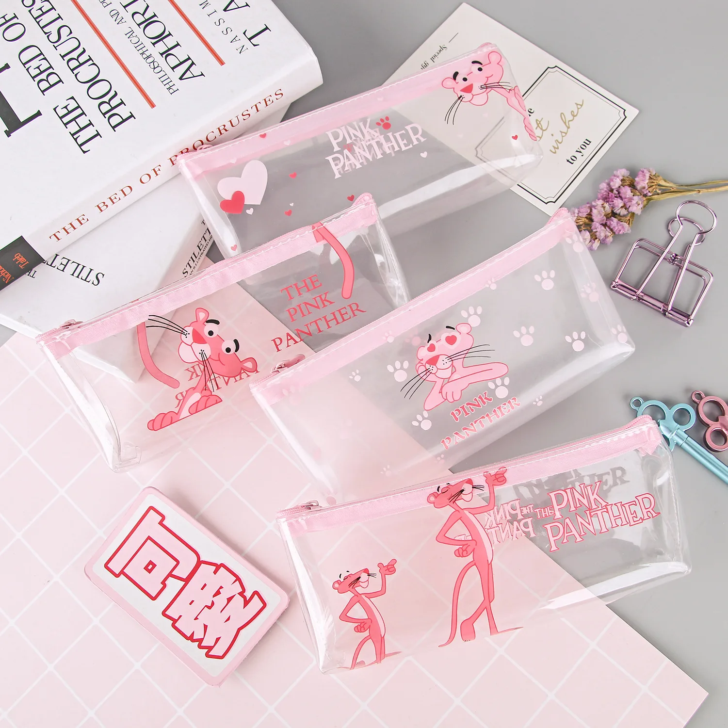 Прозрачный мультяшный чехол карандаш Kawaii Розовая пантера большой пенал для