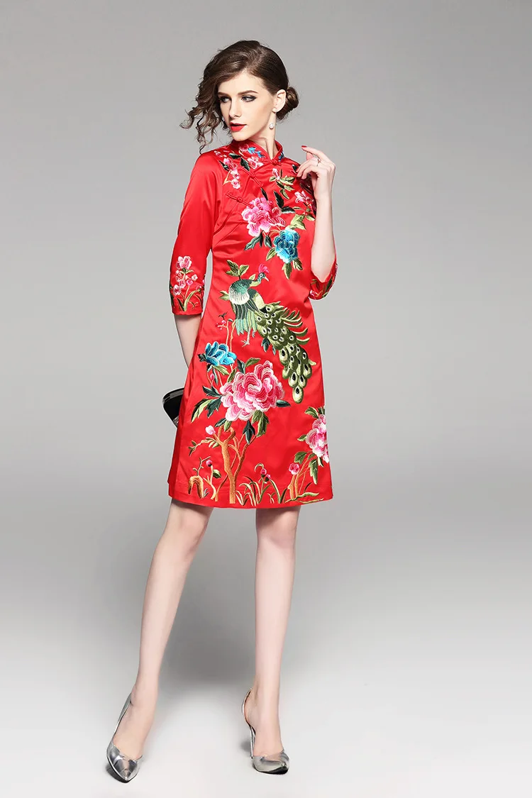 Элегантное женское платье Cheongsam с цветочной вышивкой, весеннее приталенное женское платье высокого качества с воротником-стойкой в китайском стиле - Цвет: Красный