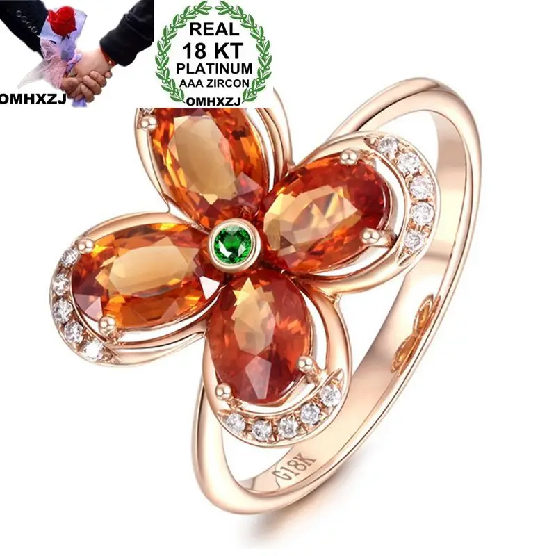 

OMHXZJ Wholesale European Fashion Woman Girl Party Wedding Gift Luxury Flower Champagne AAA Zircon 18KT Rose Gold Ring RR528