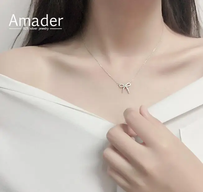 Серебро 925 Изящные Цепочки и ожерелья Jewelry Кристалл Rhinestone крошечный сладкий лук
