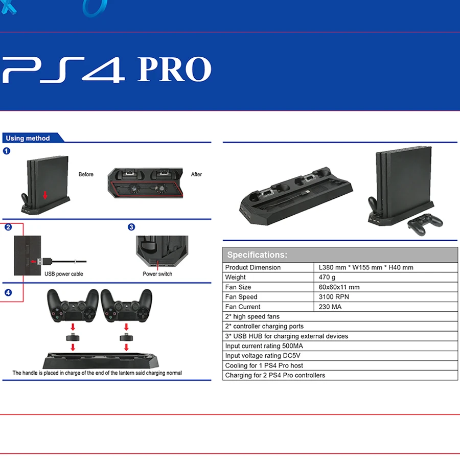 Вертикальная охлаждающая подставка для PS4 PRO с зарядной станцией двух