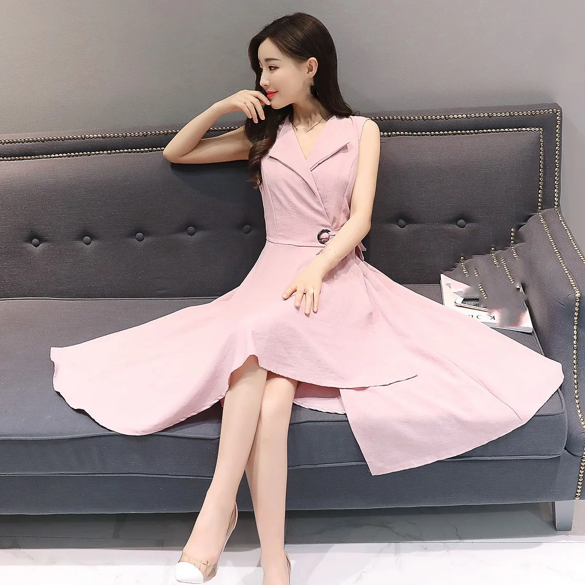 2019 Summer Women Sleeveless Work Dress Casual A-Lin V-Neck Elegant Office Lady Party | Женская одежда