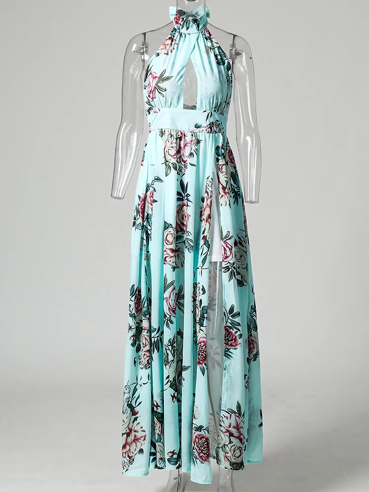 Женское платье макси без рукавов с цветочным принтом узелком и разрезом сзади
