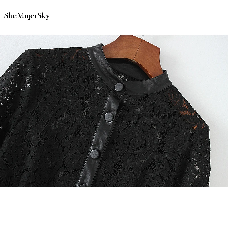 SheMujerSky/черное Повседневное платье с вырезами и кружевами; кожаное платье; Элегантные Осенние мини-платья; облегающее платье
