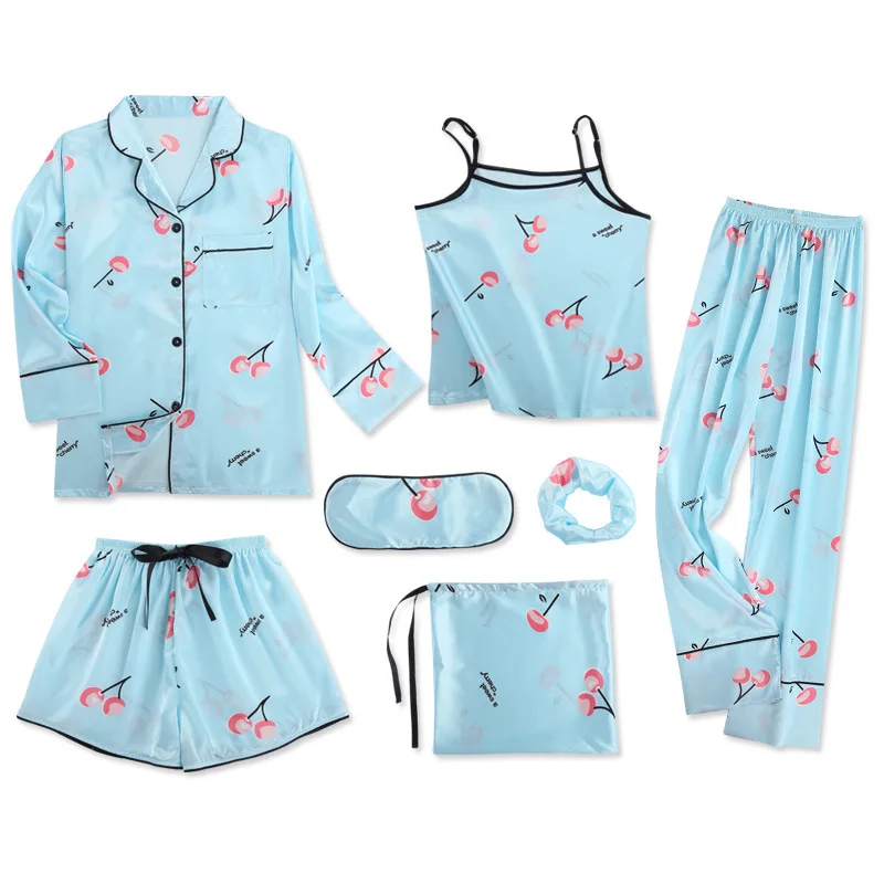Strap Sleepwear Pyjamas Women's 7 Pieces Pink Pajamas Sets Satin Silk Lingerie Homewear Set Pijamas For Woman | Женская одежда