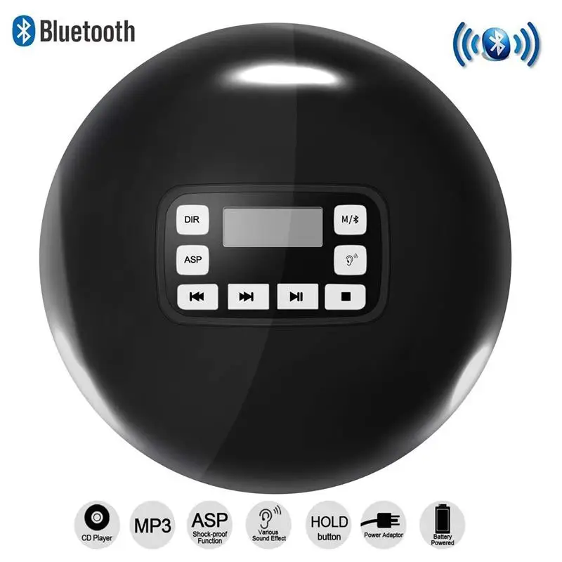 Черный Портативный Bluetooth CD плеер с светодиодный дисплей анти-Скип Защита Анти-шок персональный CD музыкальный диск плеер для детей и взрослых - Цвет: Черный