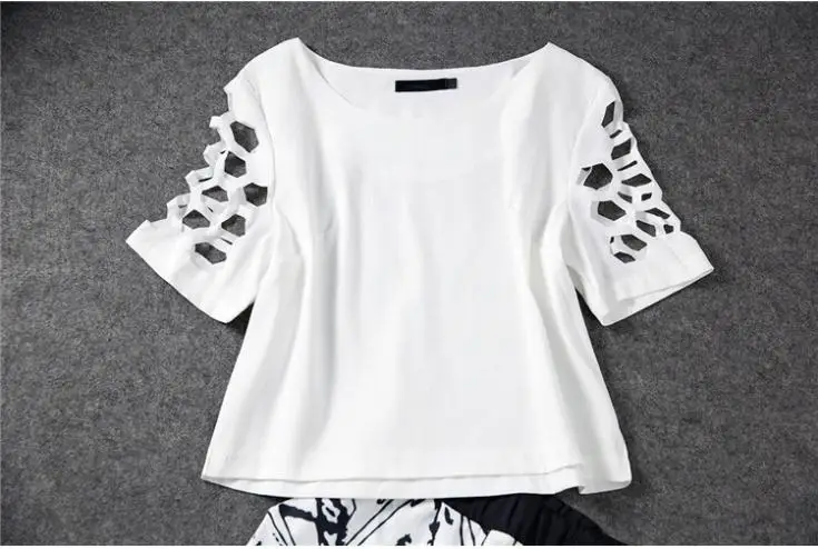 Hot 2014 New Women's Clothing Set Hollow Oout Short Sleeve Top+Printing Pencil Pants Fashion Two Piece Suit Free Shipping | Женская