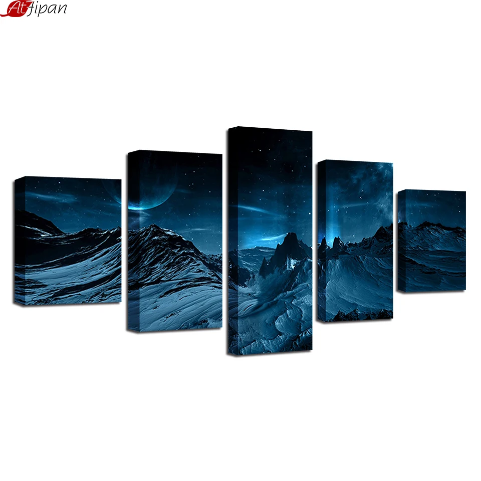 

Canvas Painting Wall Art Home Decor Framework 5 Pieces Blue Aurora Borealis Snow Mountain Modern HD Printed Night Scene Pictures