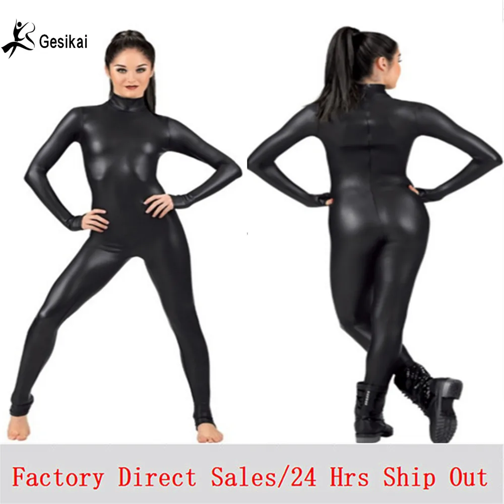 

Sexy Women's Costume Lycra Spandex Full Bodysuit Dance Ballet Gymnastics Catsuit Adult Black Long Sleeve Shiny Metallic Unitard